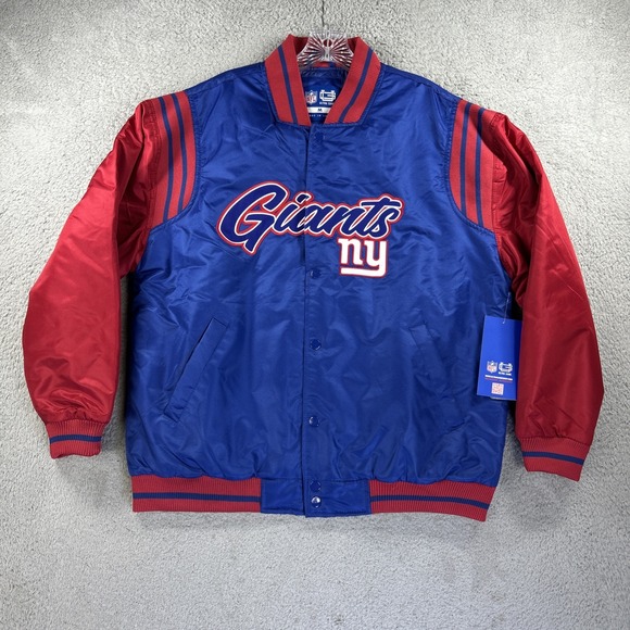 New York NY Giants Jacket Mens Medium Blue Red Quilt Varsity Bomber Snap NFL NEW - Picture 1 of 10